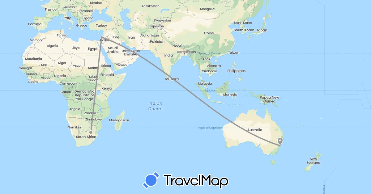 TravelMap itinerary: driving, plane in Australia, Israel, South Africa (Africa, Asia, Oceania)